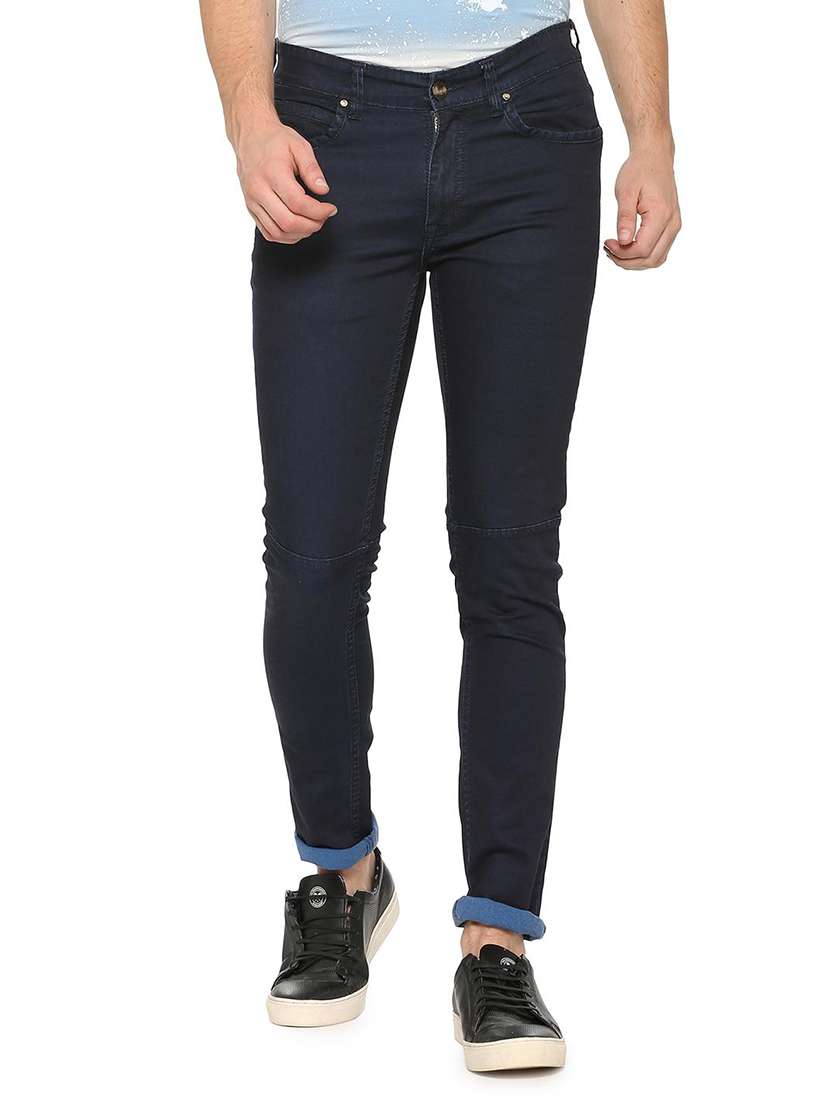 blue cotton blend plain jeans