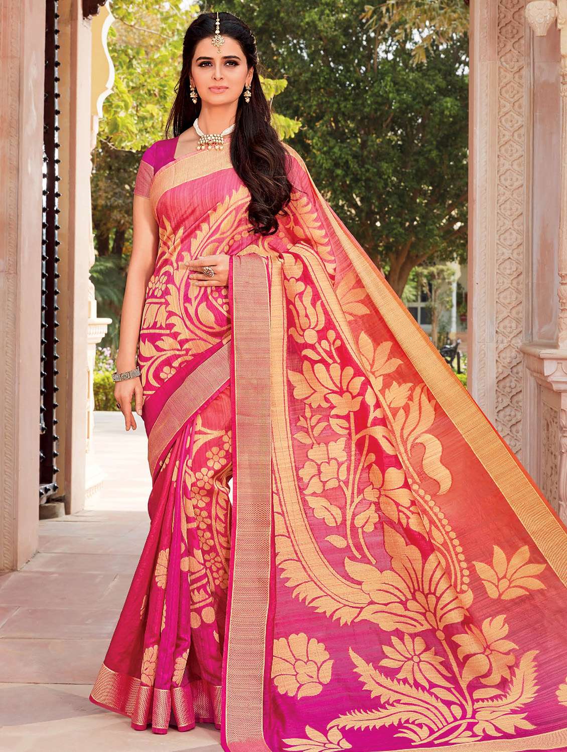 floral zari motif banarasi saree with blouse