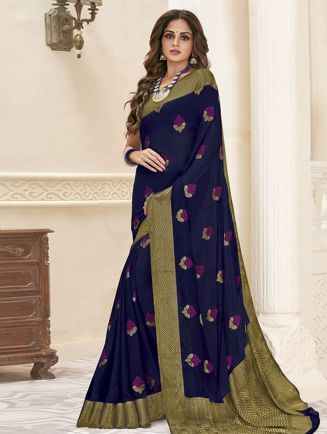 floral zari motif woven saree with blouse