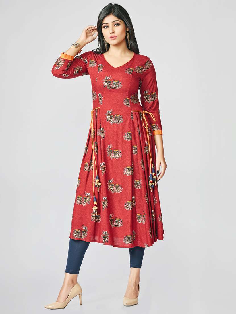 printed a-line kurta with drowcode