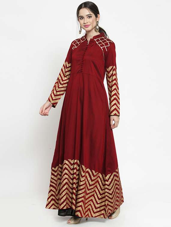 burgundy silk foil print kurta