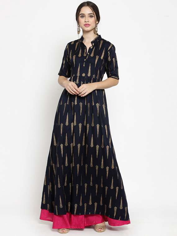 navy flared foil print kurta