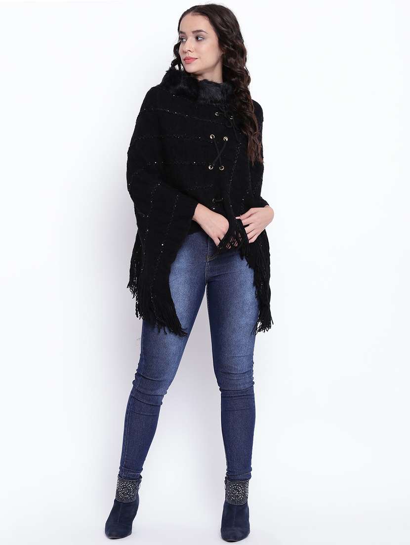 eyelet lace-up fur detail poncho