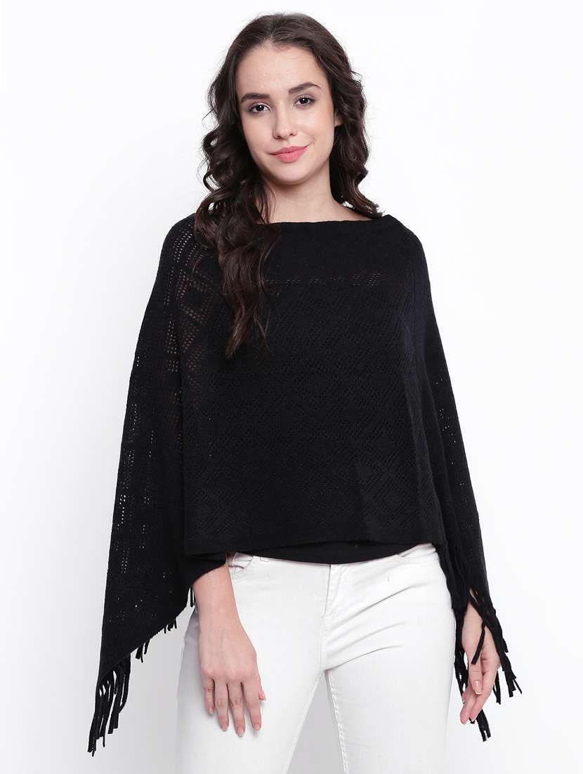 fringe detail woolen poncho