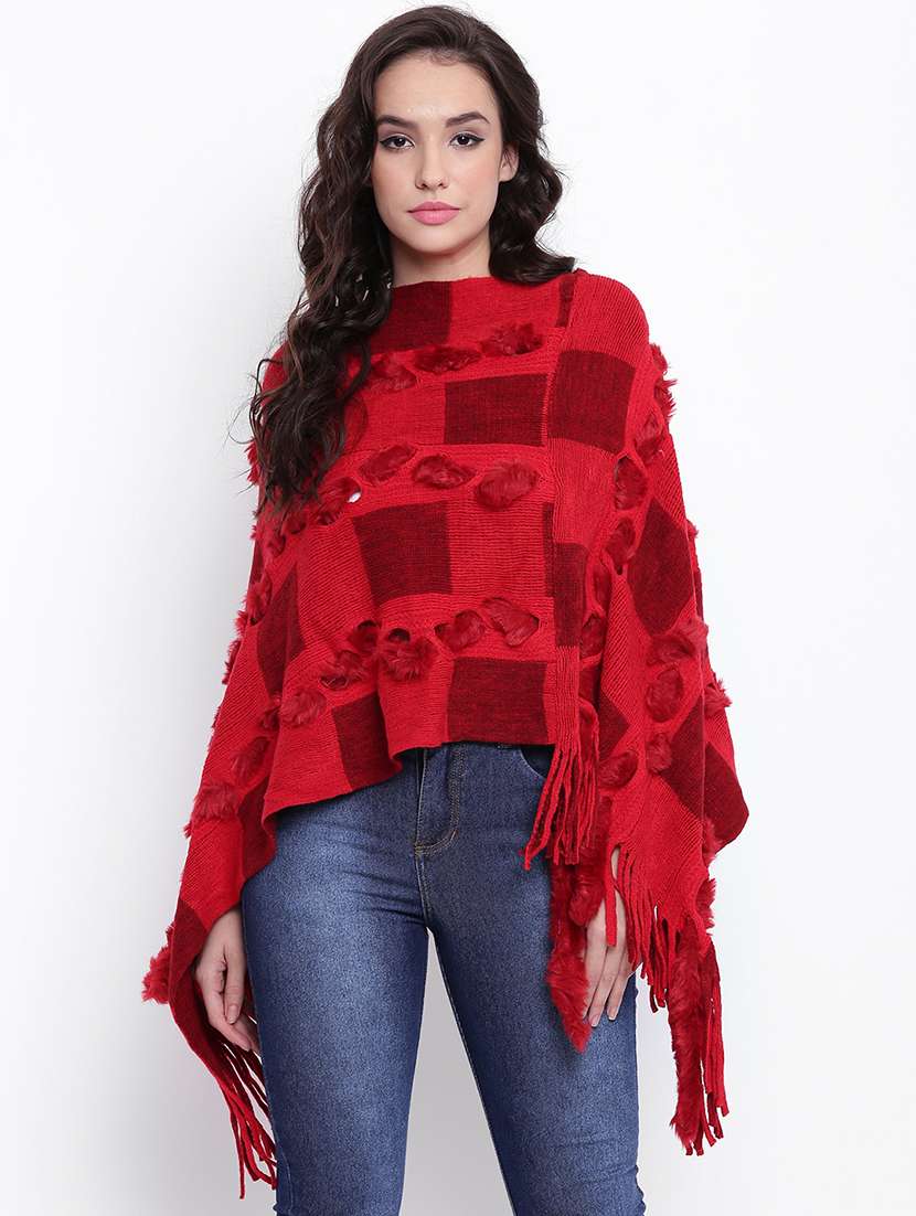 fringed hem fur detail poncho