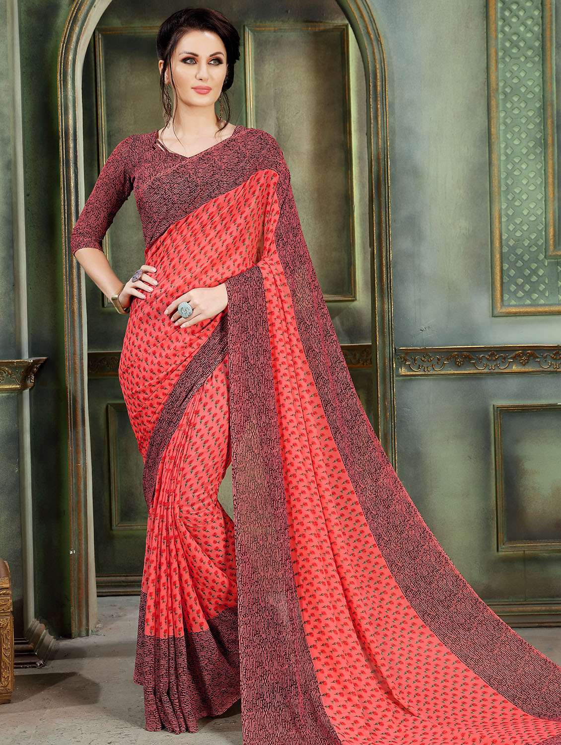 floral peach printed saree with blouse