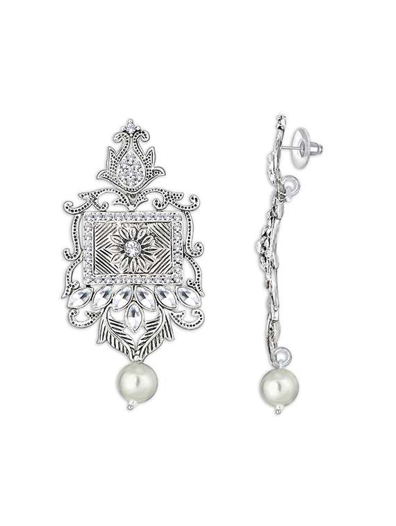 women silver pearl & stones detailed drop earrings - 15678659 -  Standard Image - 2