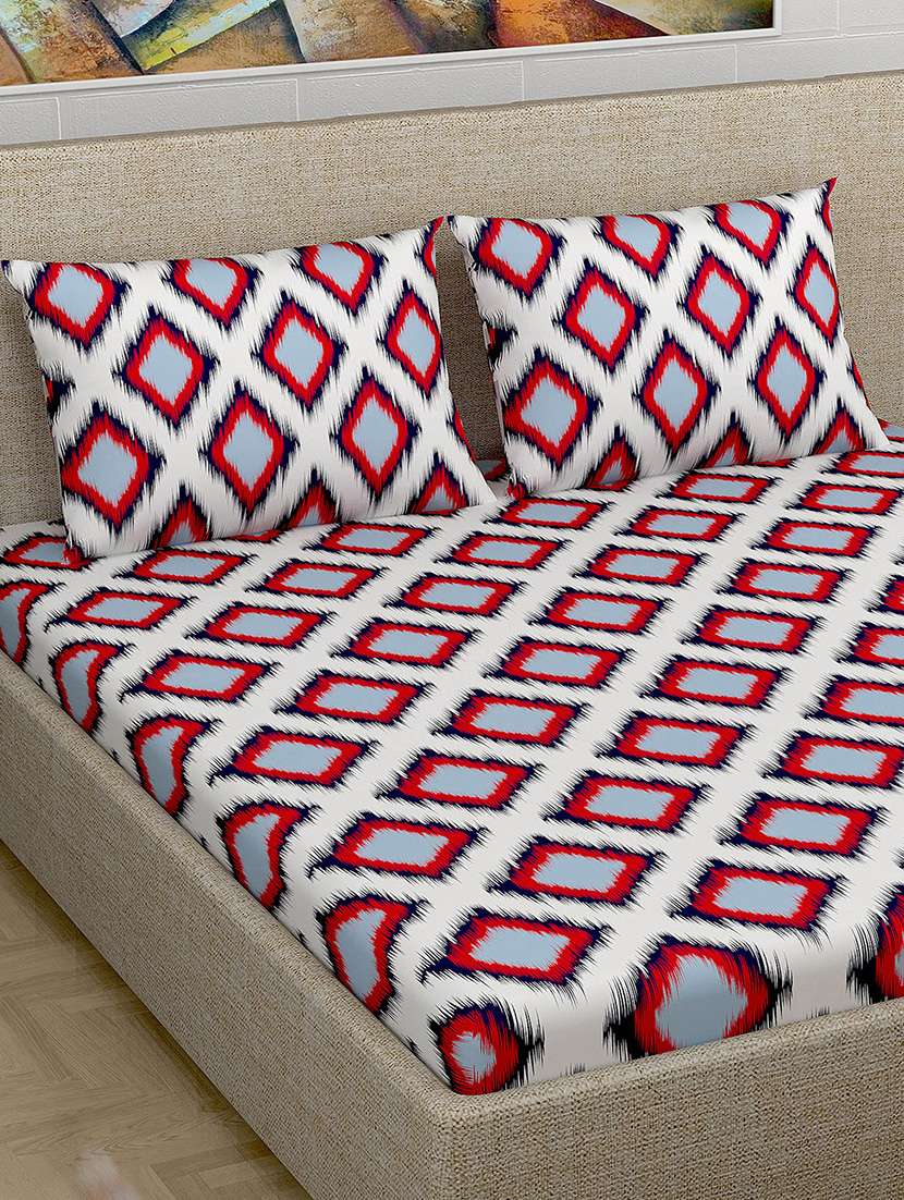 100% cotton geometric 240 tc premium 1 pc double bedsheet with 2 pillow covers , red