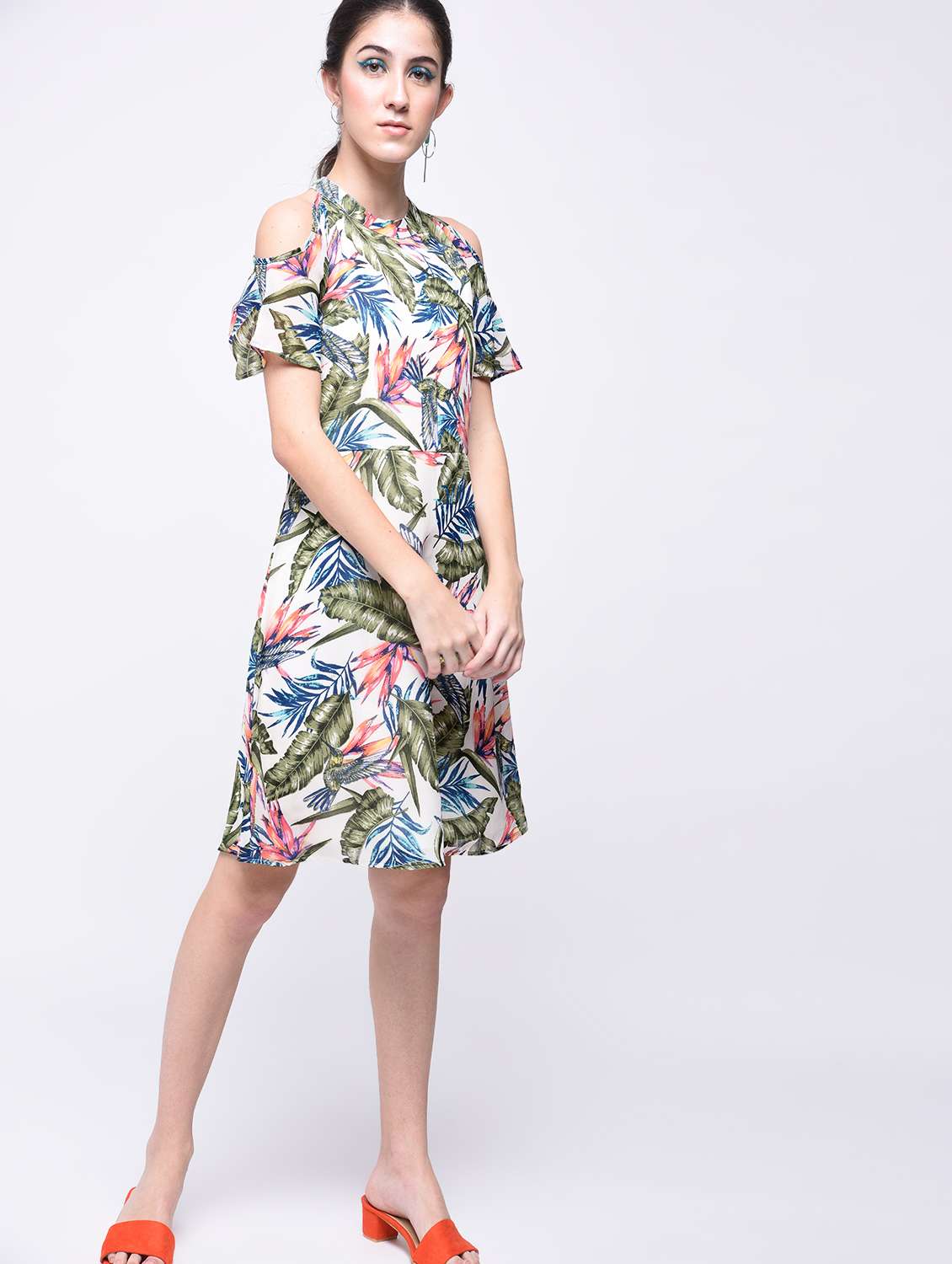 cold shoulder tropical print a-line dress