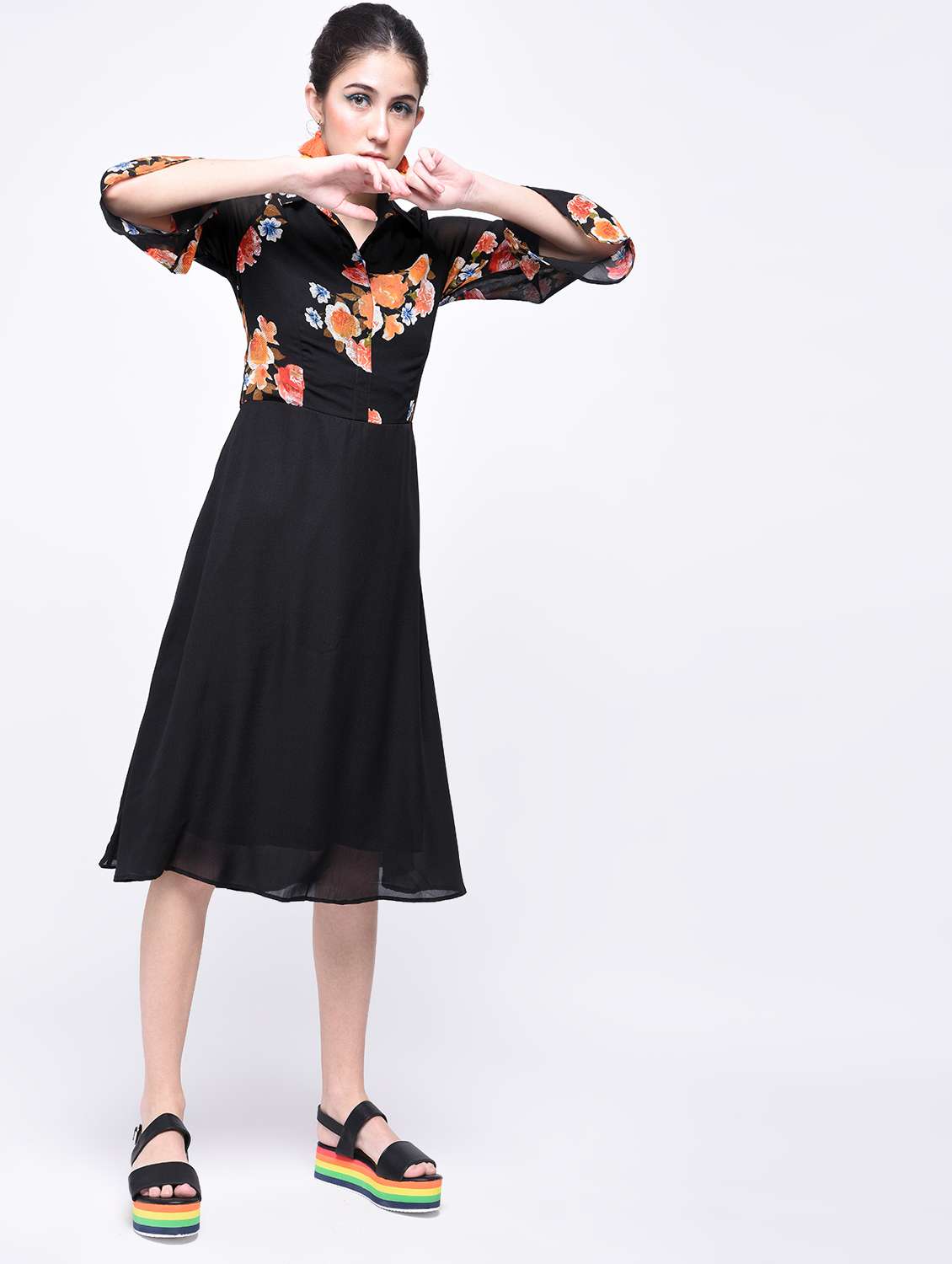 shirt collared floral a-line dress