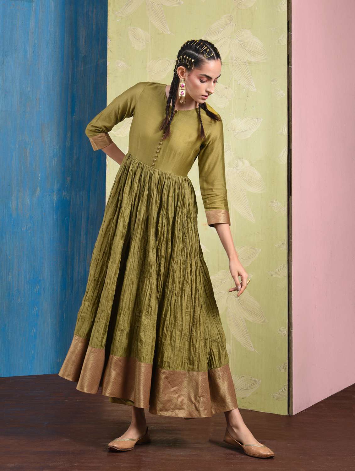 olive silk crinkled flared kurta