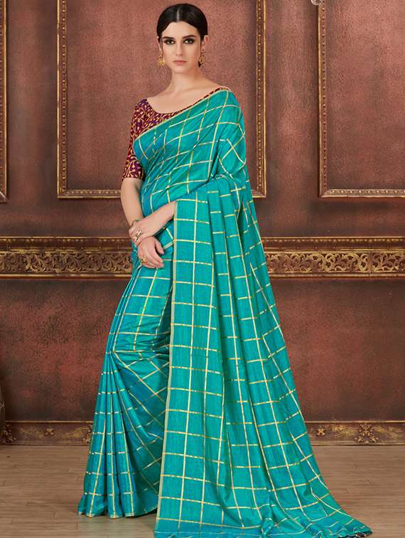 checkered turquoise printed saree with blouse