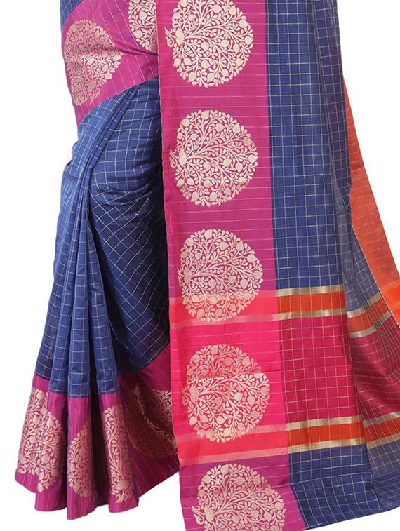 contrast border checkered banarasi saree with blouse - 15695653 - Standard Image - 2
