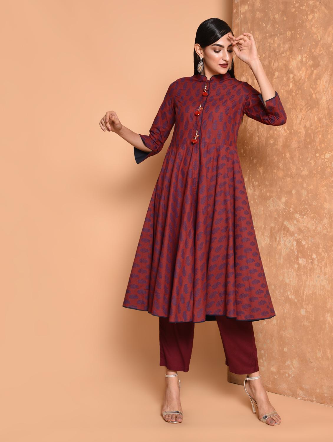 flared printed kurta with tassels