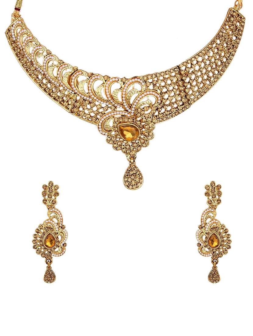 gold metal necklaces and earring