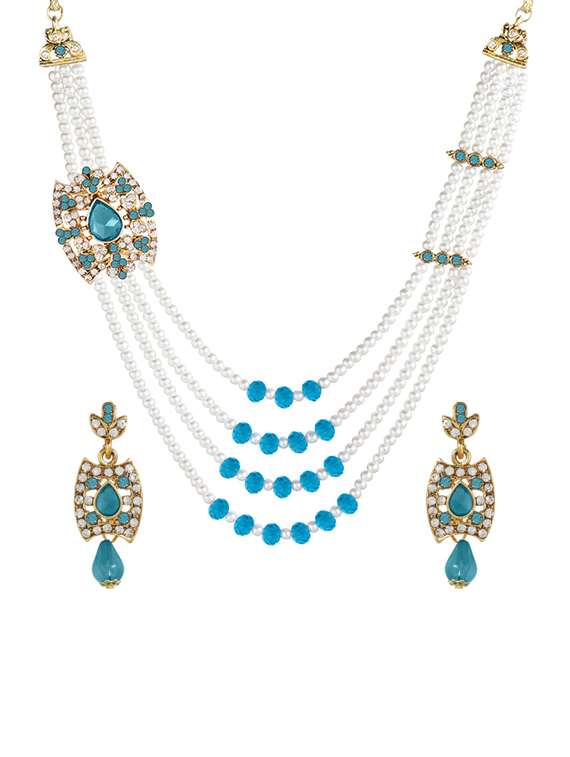 blue metal necklaces and earring