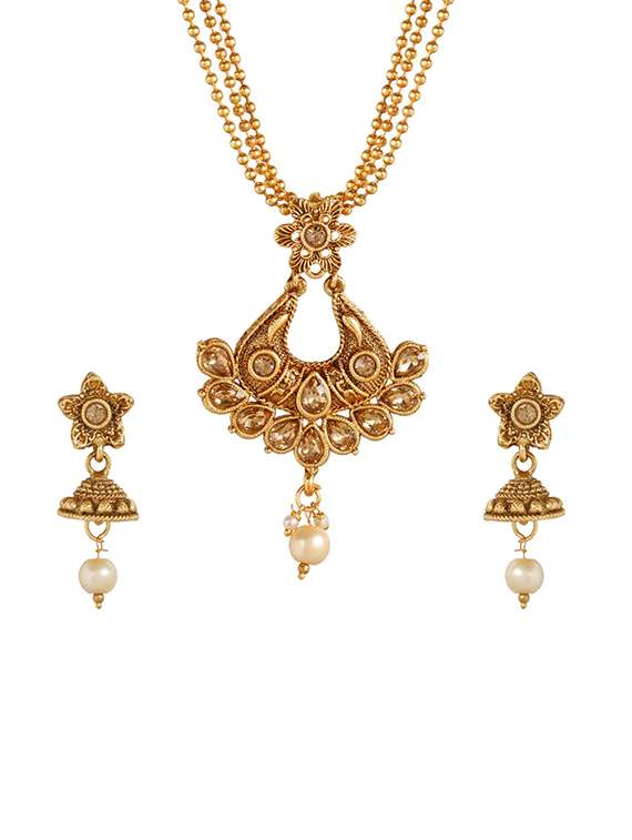 gold metal necklaces and earring