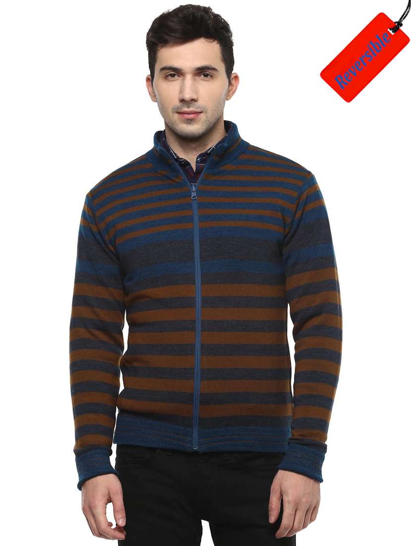 blue striped acrylic reversible cardigan 