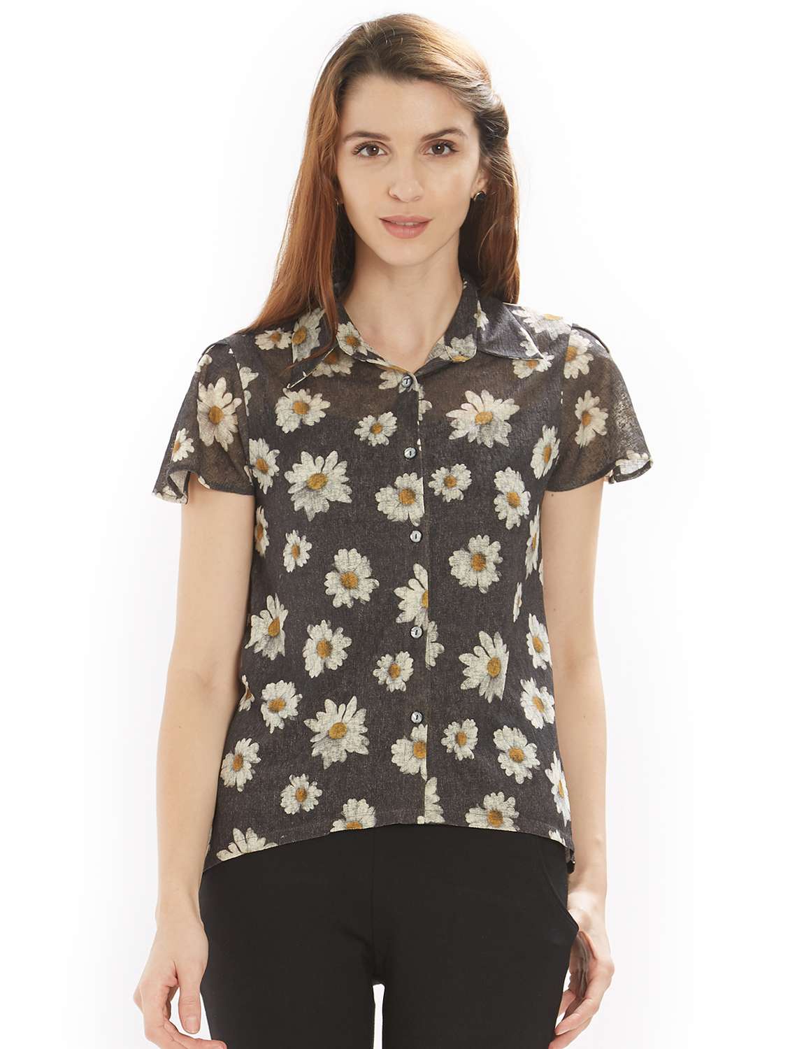 short sleeved floral asymmetric shirt