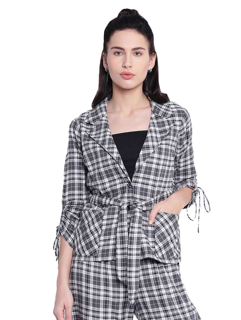 checked front tie belted blazer