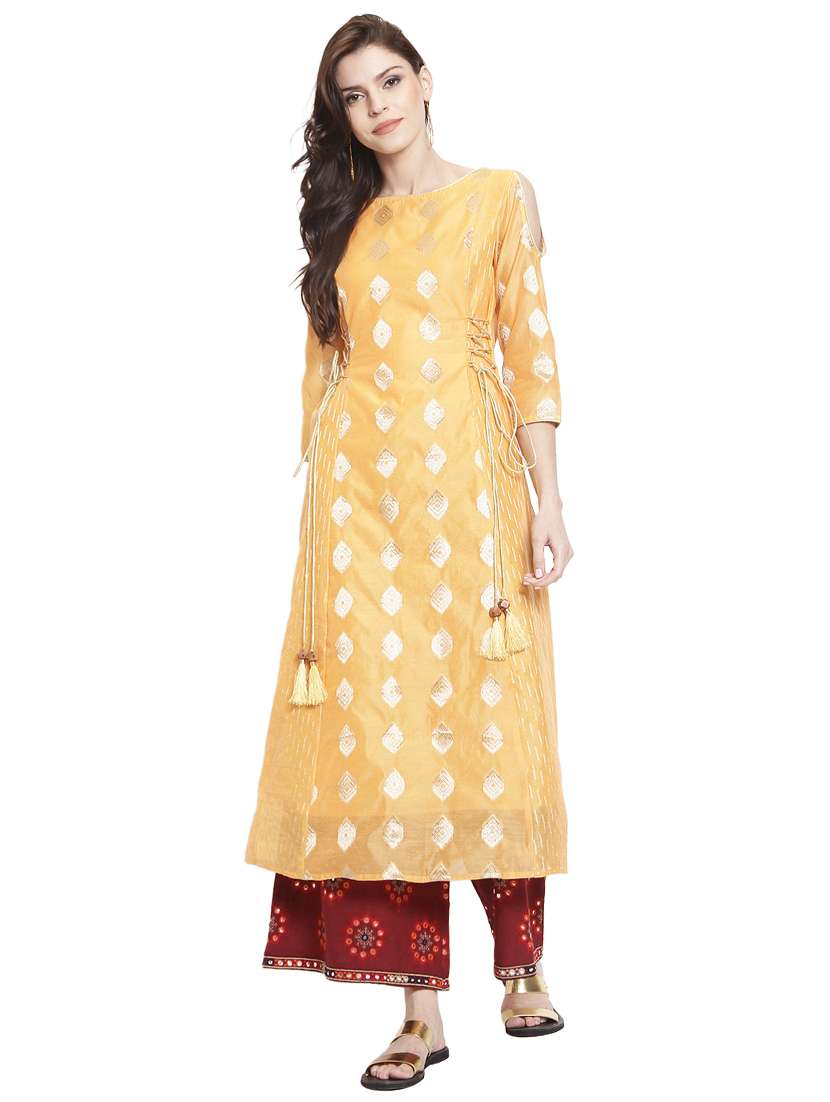 foil print a-line kurta with tassels