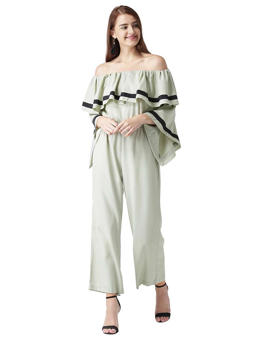 contrast detail ruffled off shoulder jumpsuit