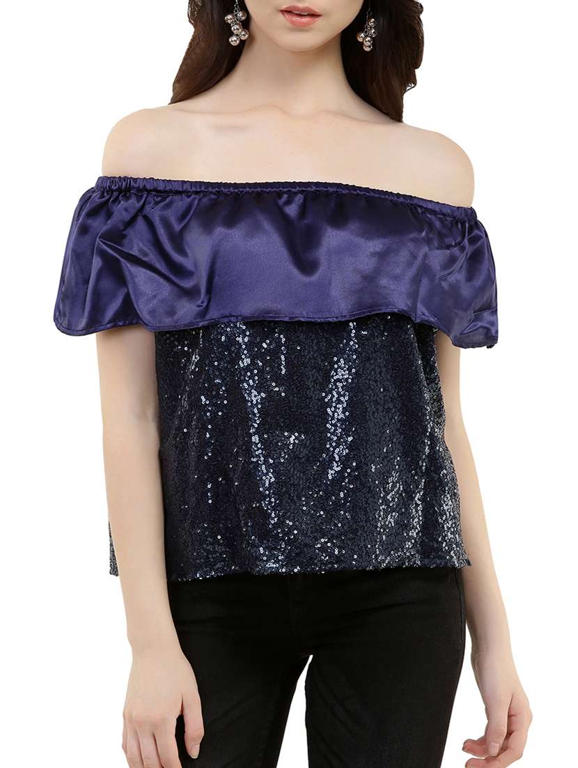 women navy blue off shoulder sequined top