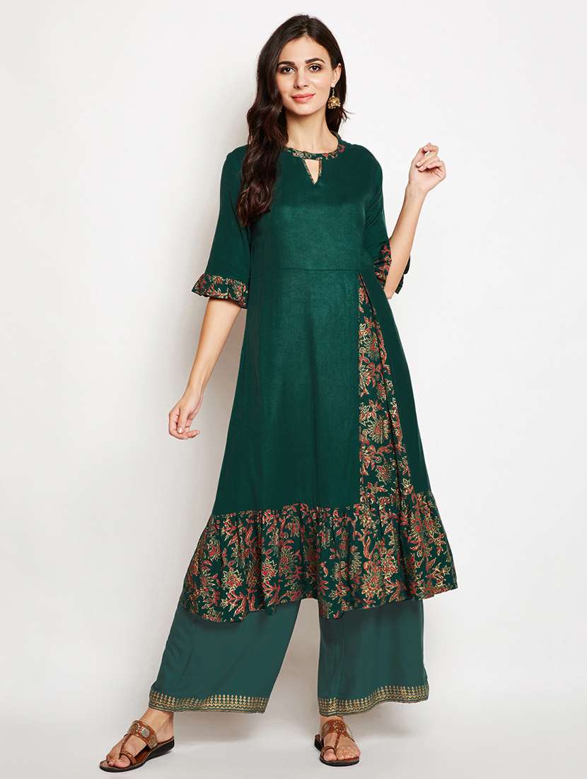 teal foil print a-line kurta