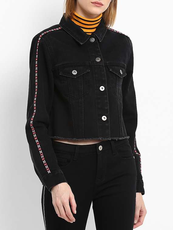 side taped frayed hem denim jacket