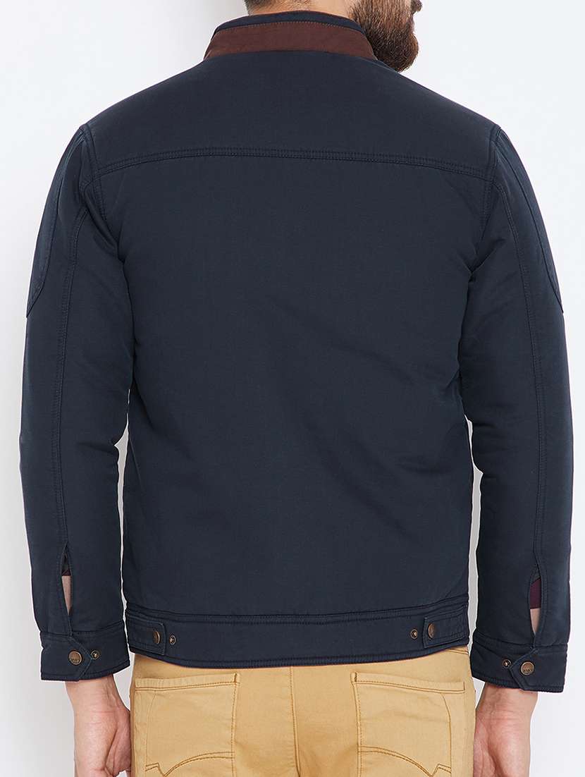 navy blue solid casual jacket - 15722136 -  Standard Image - 2