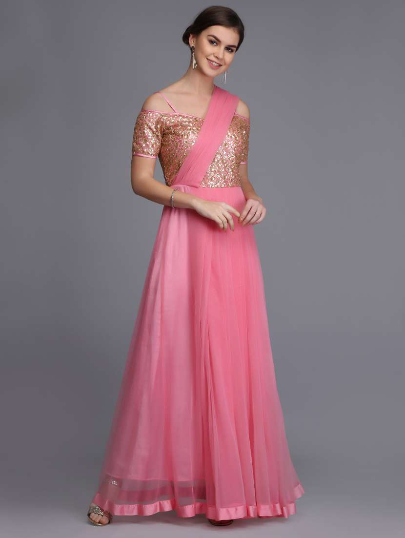 sequined draped dupatta flared gown