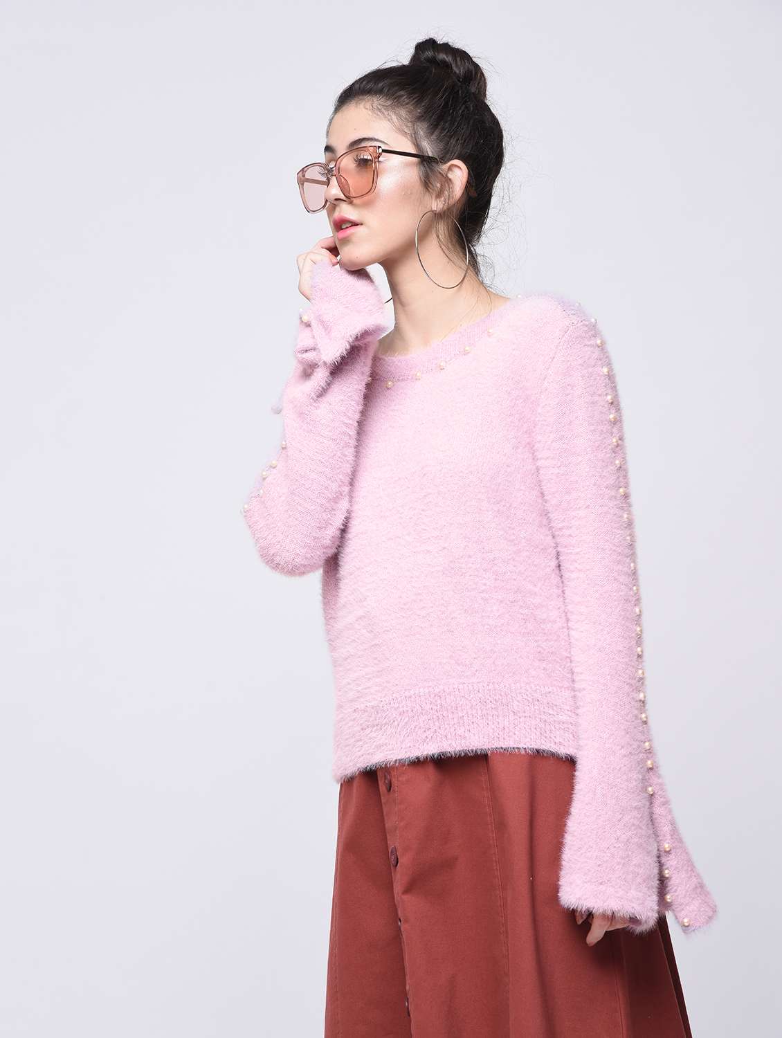 pearl embellished bell sleeved pullover