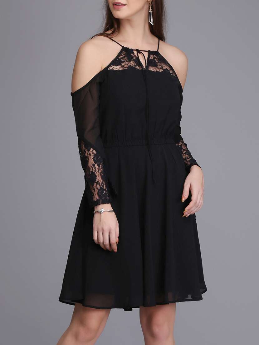 lace paneled cold shoulder a-line dress