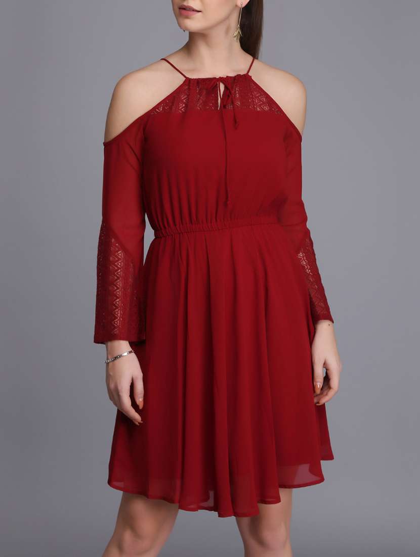 lace paneled cold shoulder a-line dress