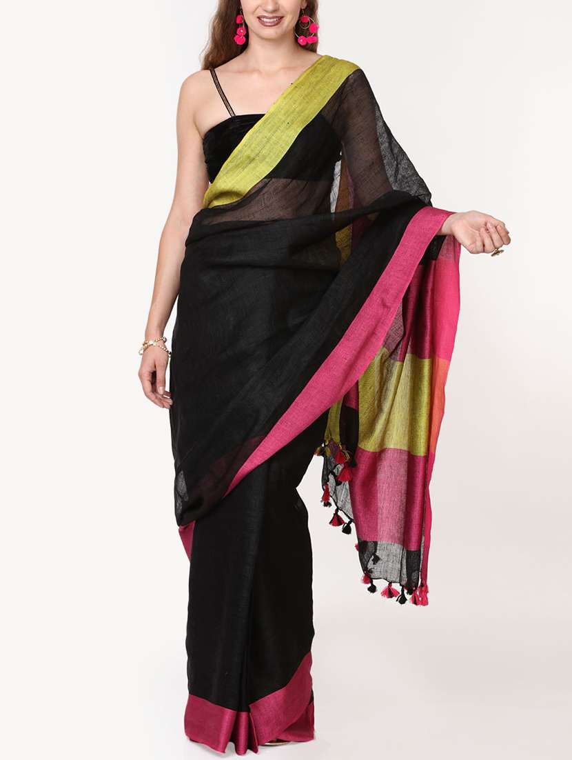 contrast border linen handloom saree with blouse