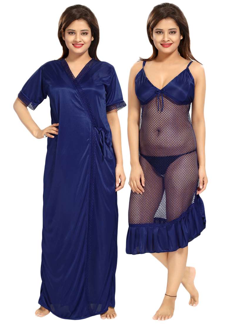 blue solid sleepwear robe set