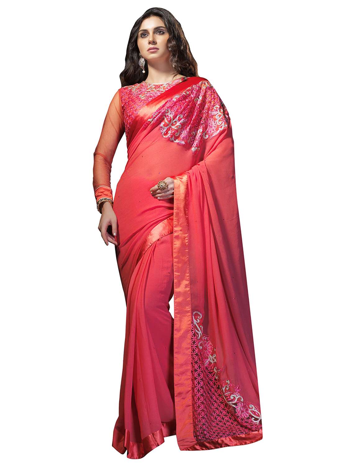 peach georgette bordered saree with blouse