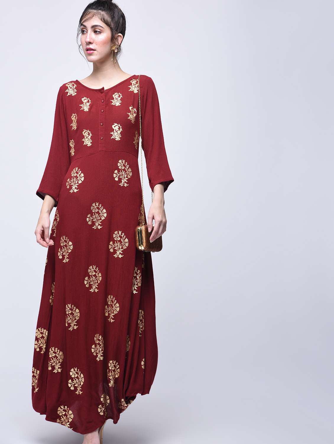 burgundy foil print cowl kurta