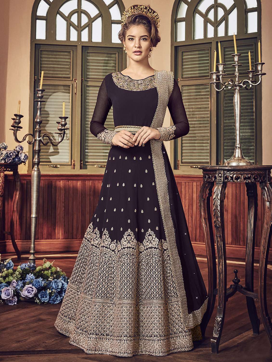 embroidered semi-stitched anarkali suit