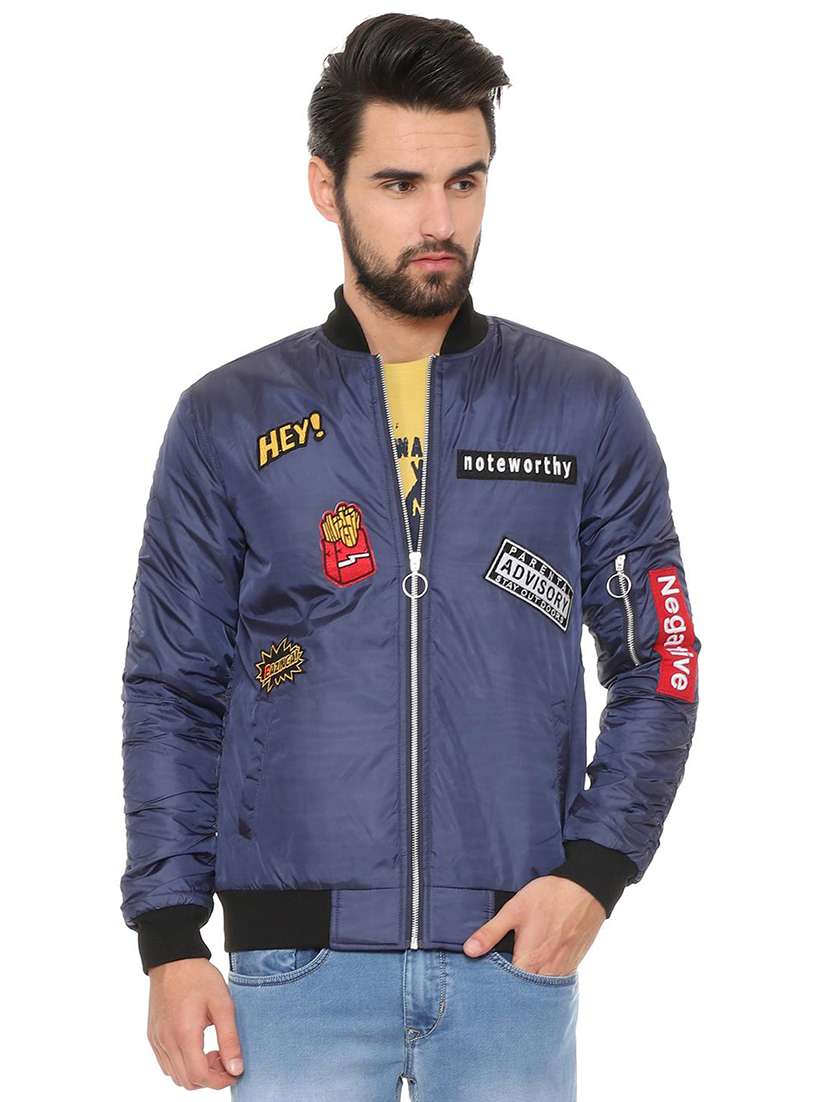navy blue patched bomber jacket