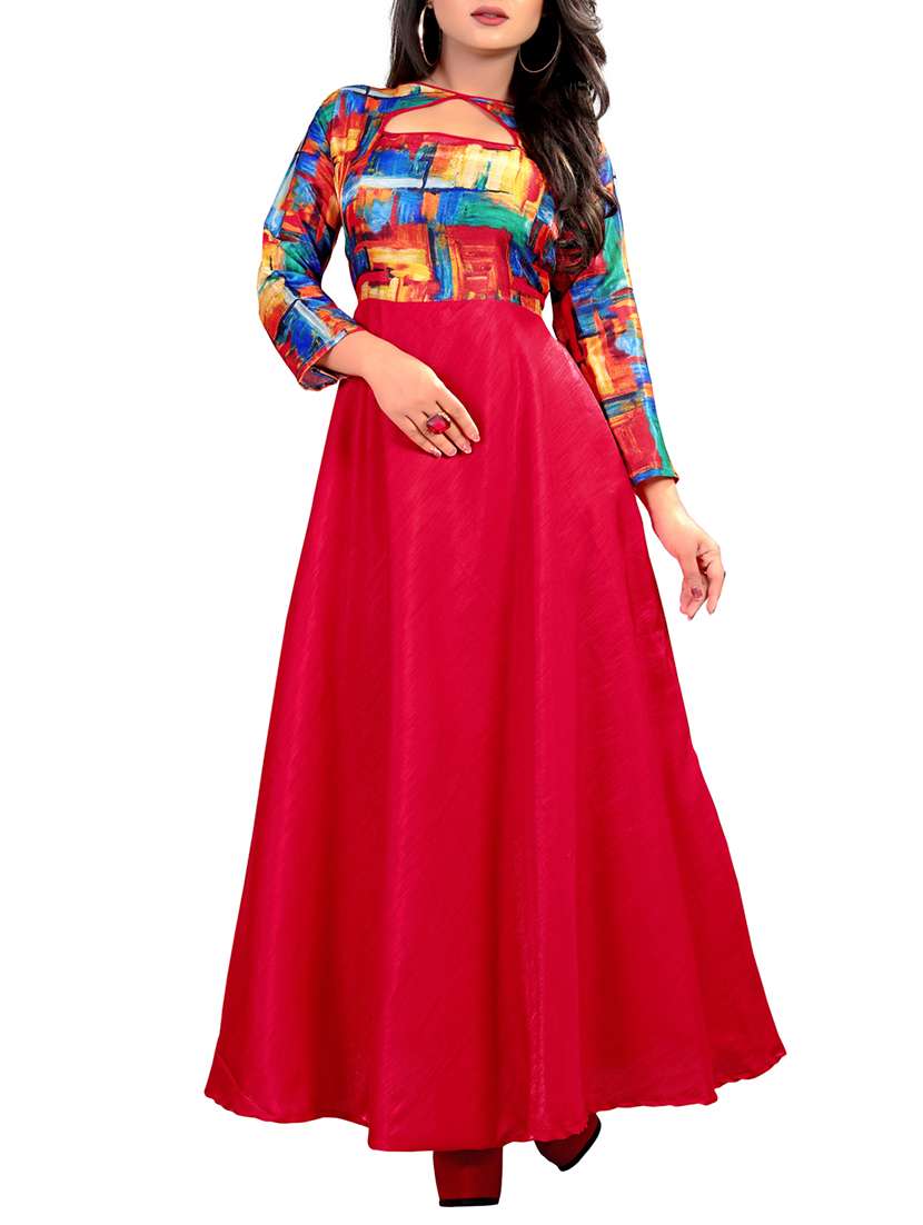 Printed yoke flared gown