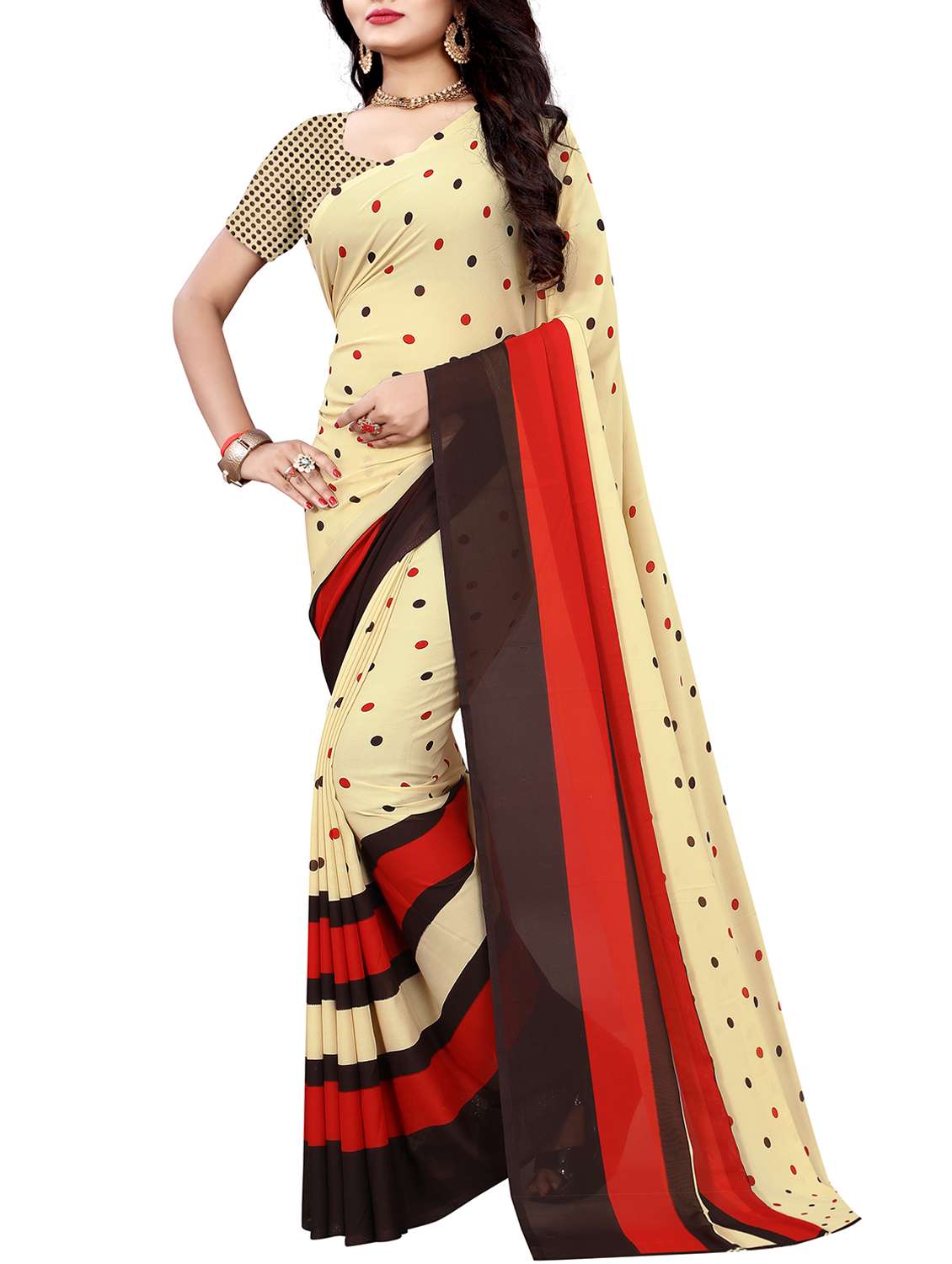 contrast border polka dot printed saree with blouse