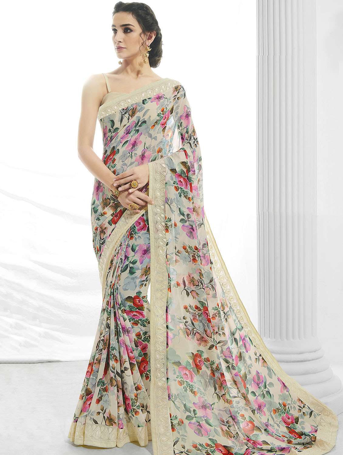 lace bordered pastel printed saree with blouse