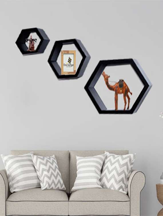 desi karigar fancy 3 pcs hexagonal wooden wall shelf black