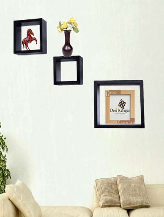 desi karigar 3 pcs square wooden wall shelf black