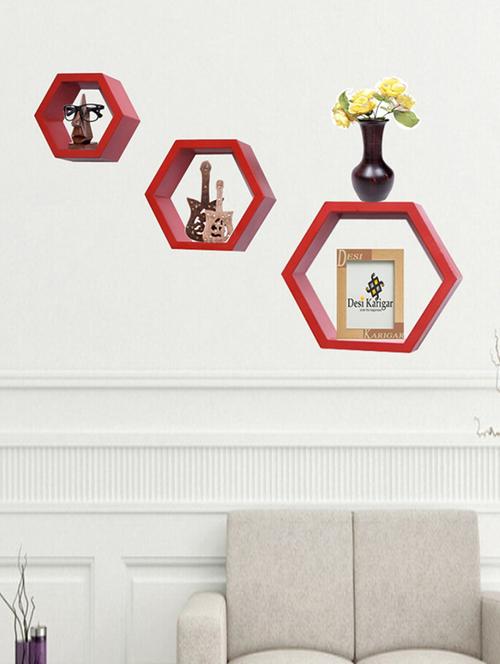 desi karigar wall mount shelves hexagon shape set of 3 wall shelves red - 15765697 -  Standard Image - 0