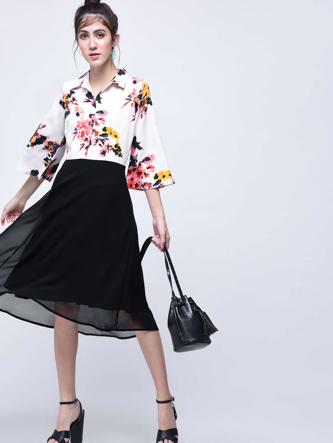 placket detail floral a-line dress