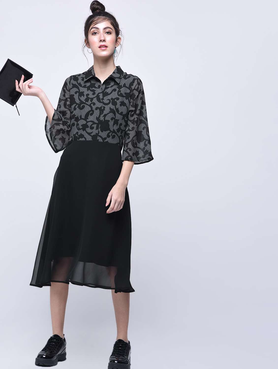 placket detail scroll pattern a-line dress