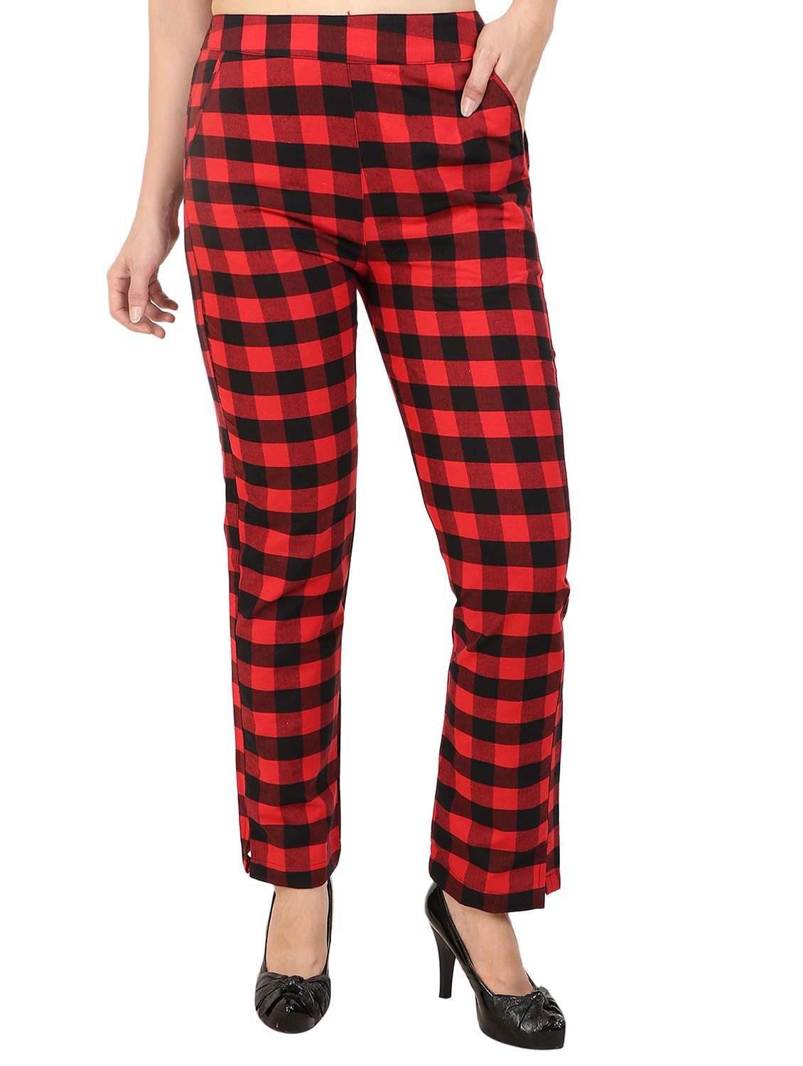 high waist checkered flat front trouser
