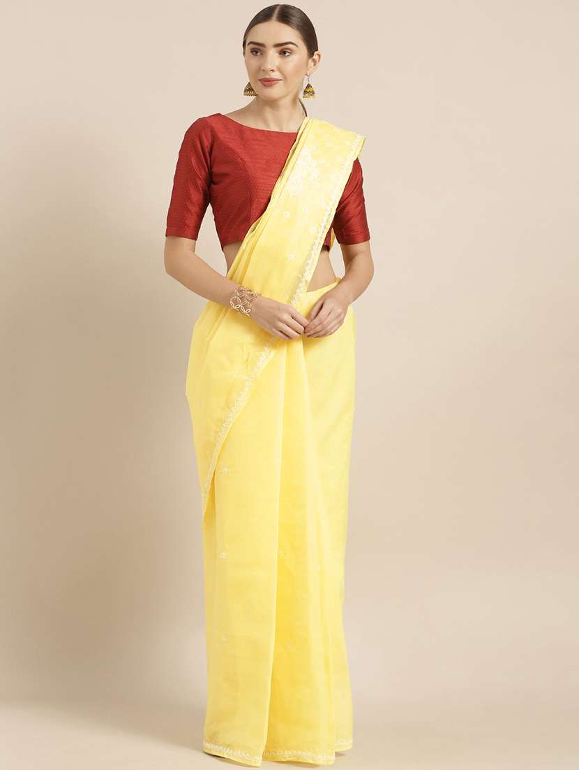 lemon chikankari saree